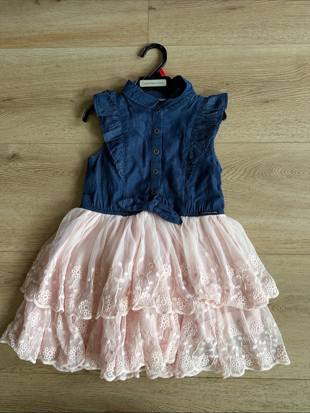 Calvin Klein Navy Denim Top with Pink Lace Tiered Skirt Dress